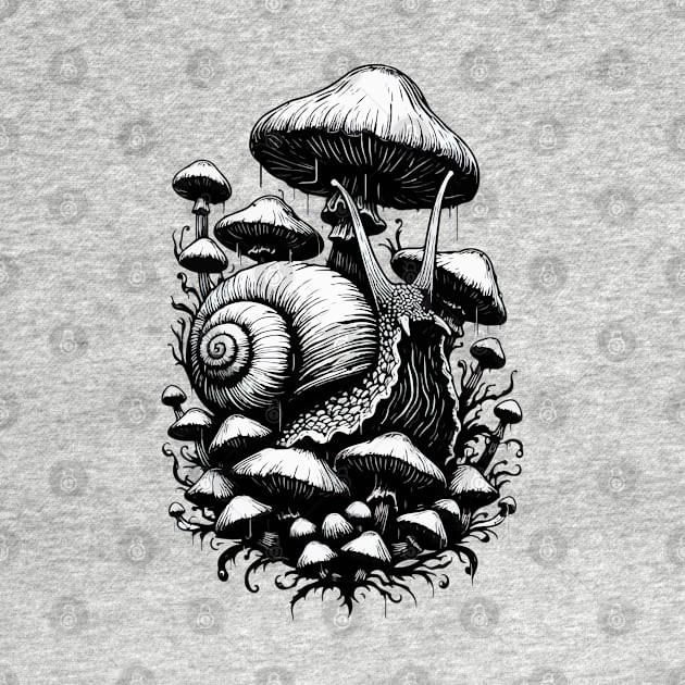 Monochromatic Snail Overgrown Mushrooms Garden by TomFrontierArt